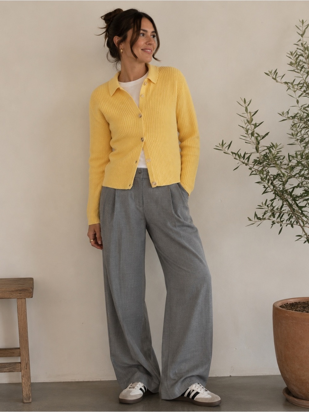 BKg & Company New York | Yellow Waffle Knit Collared Button Down Sweater, OS